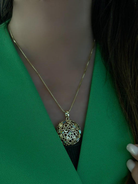 14K Altın Kaplama Kare Detaylı Set Takı (Kolye Set)