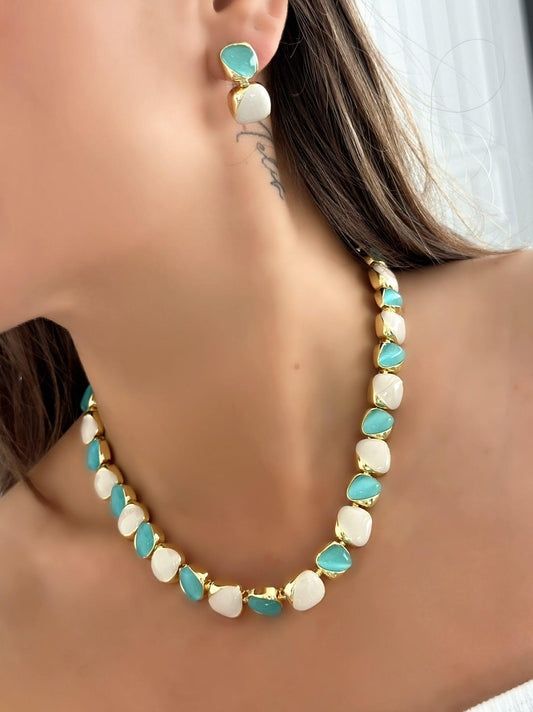 14K Altın Kaplama Mavi Opal Taş Detaylı Set