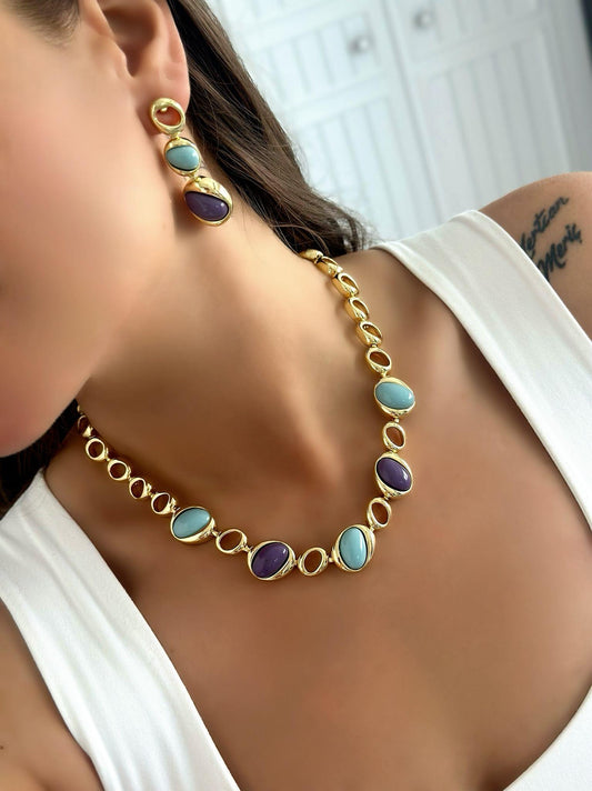 14K Altın Kaplama Mavi Ve Mor Mineli Detay Set