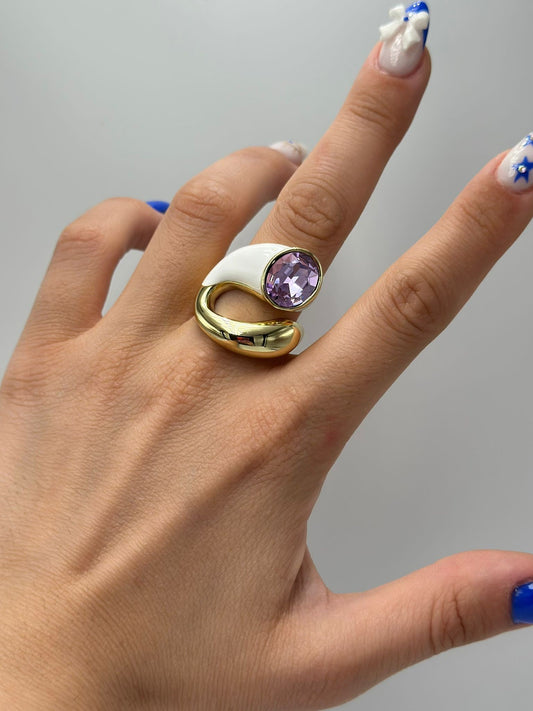 14K Altın Kaplama Mor Kristal Taş Detay Yüzük