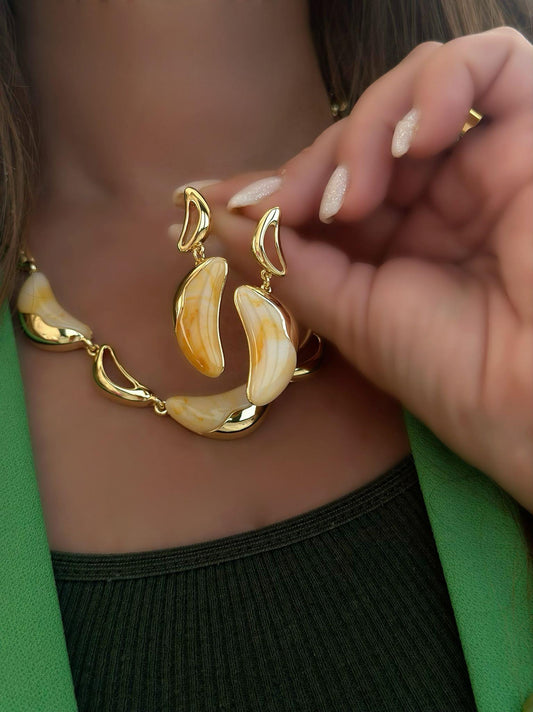 14k Altın Kaplama Porselen Kemik Model Kolye Küpe Set