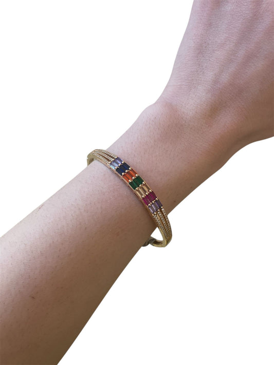14K Altın Kaplama Renkli Baget ve Zirkon Taş Detaylı Unisex Kelepçe Bileklik