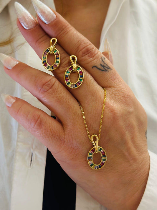 14K Altın Kaplama Renkli Kristal Taş Detay Set