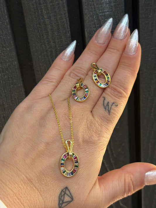 14K Altın Kaplama Renkli Kristal Taş Detay Set