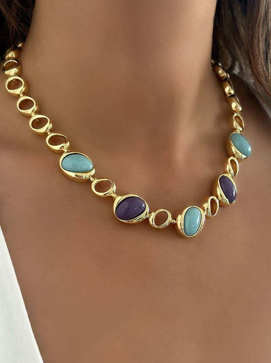 14K Altın Kaplama Renkli Mineli Detay Set Takı