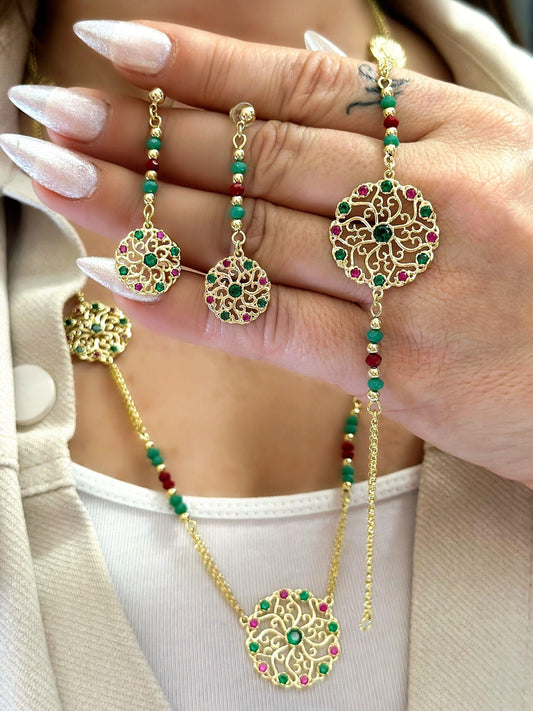 14K Altın Kaplama Renkli Zirkon Taş Detay Set Takı