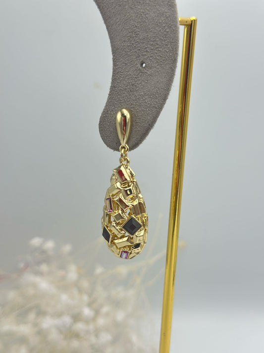 14K Altın Kaplama Taş Detaylı Damla Kesim Sallantılı Gold Küpe