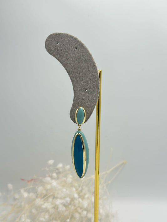 14K Altın Kaplama Uzun Porselen Detaylı Sallantılı Küpe