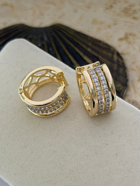 2 Sıra Zirkon Taş Detay Halka Küpe (Pirinç Kaplama)