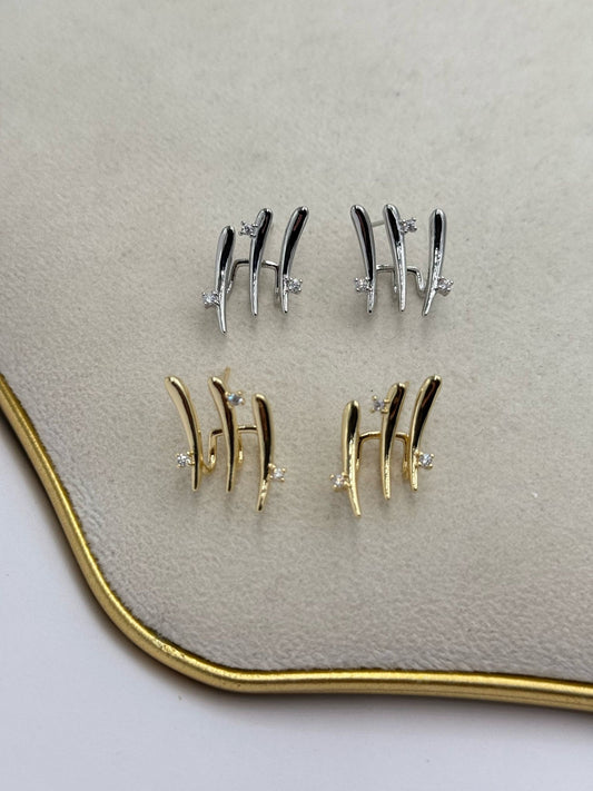 3 Sıra Ve Tek Taş Detaylı Minimal Çelik Küpe