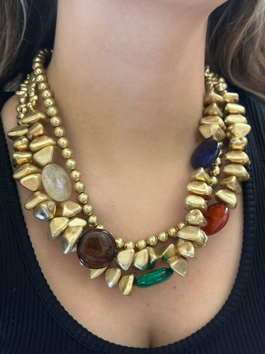 3 Sıralı Renkli Taş Detaylı Geometrik Kolye