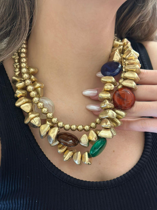 3 Sıralı Renkli Taş Detaylı Geometrik Kolye