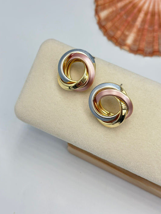 3 Renk Detay Yuvarlak Küpe (Pirinç Kaplama)