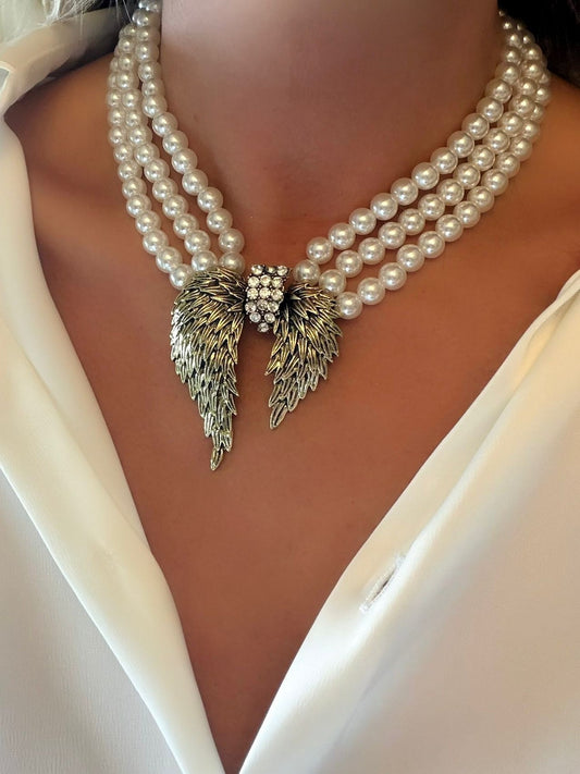 Melek Kanadı Detay Çelik İnci Kolye