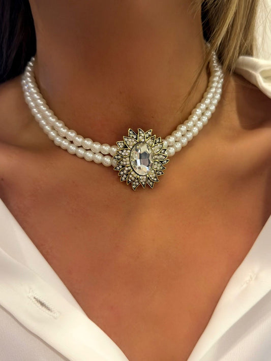 Zirkon Taş Detay Oval Kesim İnci Choker Kolye (Premium)