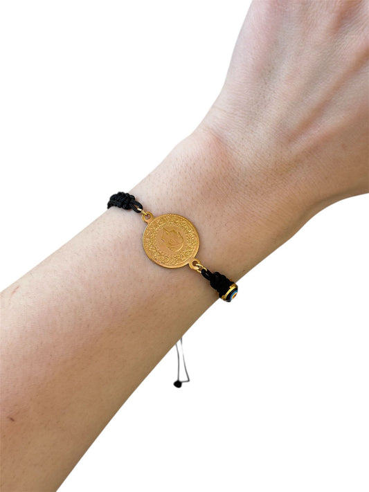 Ayarlamalı İp Detaylı Çeyrek Çelik Siyah Bileklik