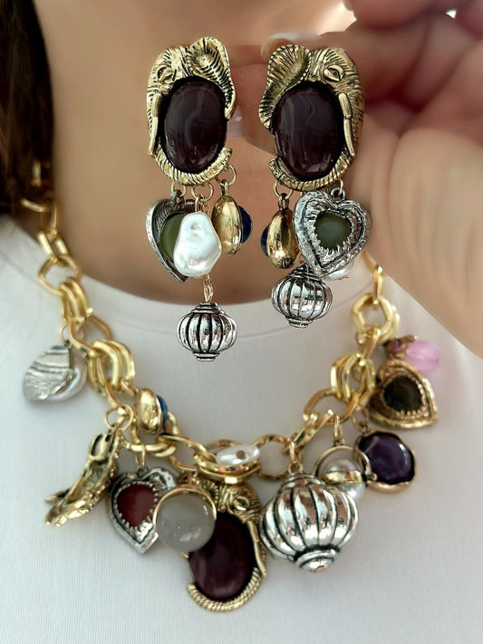 Çoklu Charm Detaylı Kolye Küpe Set Takı