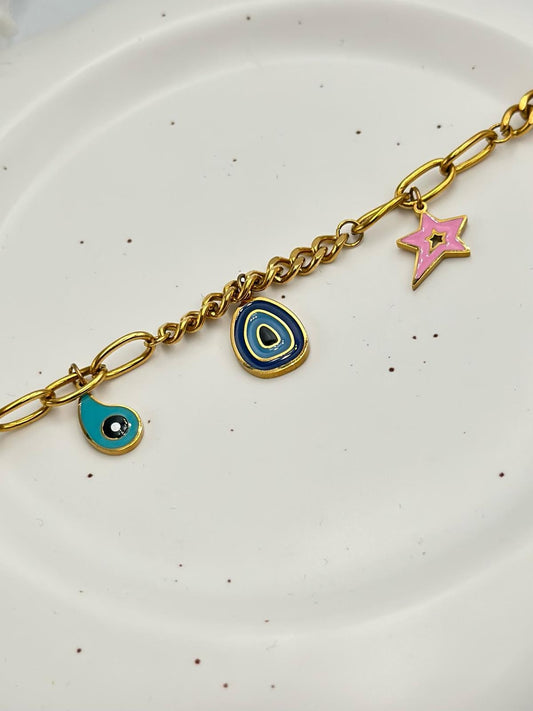 Farklı Figürler İle Detaylı Çelik Gold Bileklik