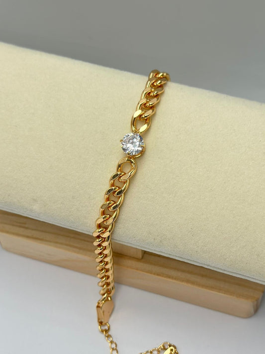 Gold Zincir ve Zirkon Tek Taş Detaylı Pirinç Kaplama Bileklik