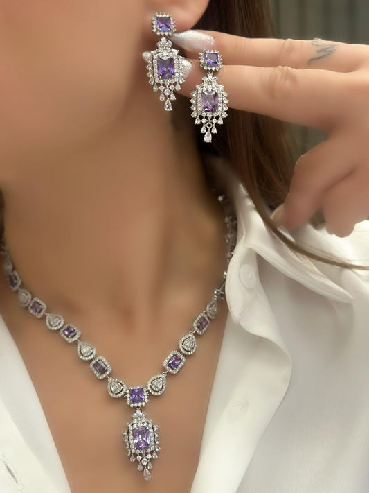 Gümüş Kaplama Mor Baget Taş Detaylı Set Takı