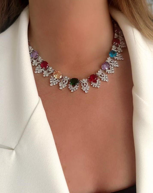 Gümüş Kaplama Renkli Taş Detaylı Kolye ve Küpe Set