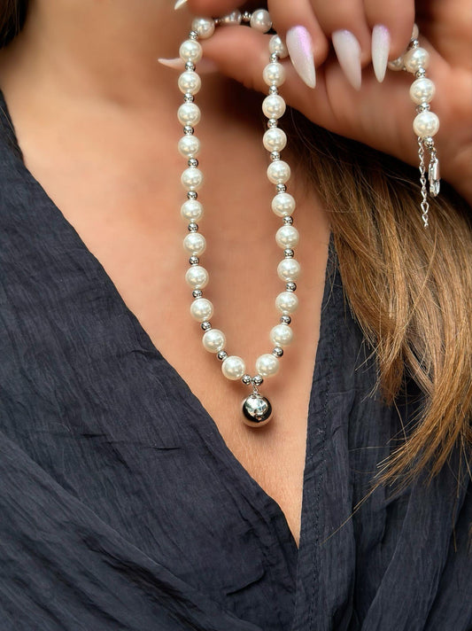 Gümüş Renk Topçuk Ve Full Su İncisı Detay Kolye (Çelik)