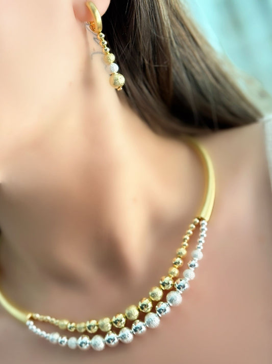 İki Renk Topçuk Detaylı Set Takı (Çelik)