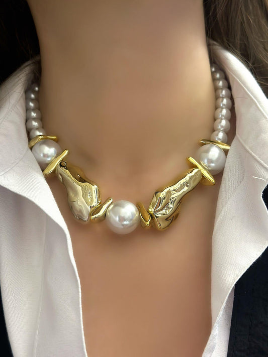 İnci Ve Gold Plaka Detay Kolye (Pirinç Kaplama)