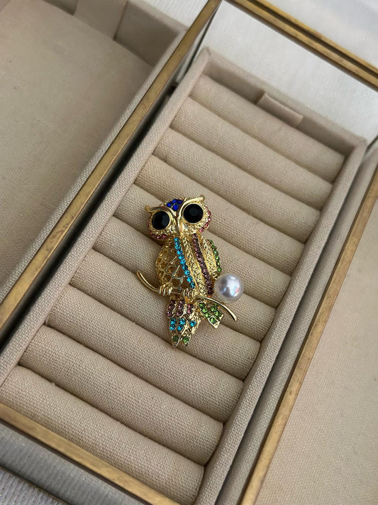 İnci ve Renkli Zirkon Taş Detaylı Baykuş Figürlü Broş