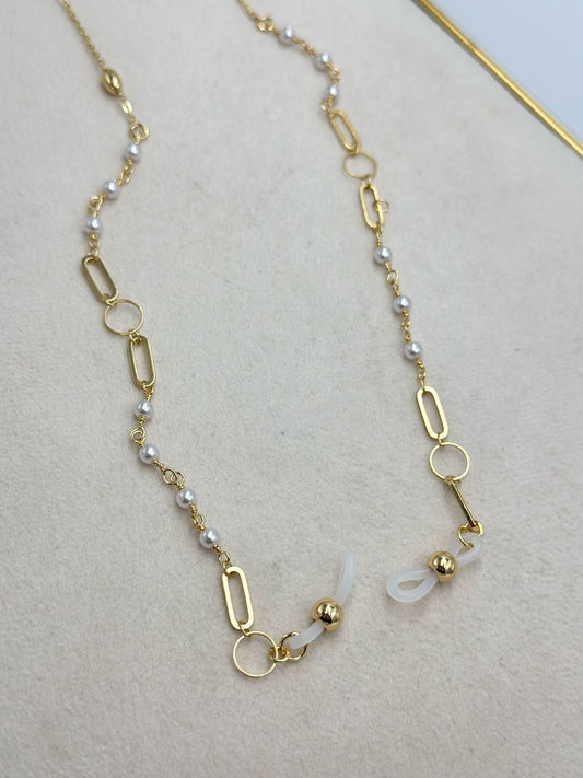 İnci Ve Zincir Detay Altın Kaplama Gözlük İpi