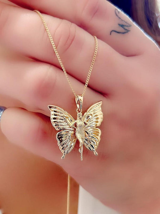 Kelebek Detaylı Çelik Gold Kolye