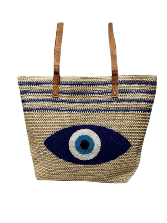 Mavi Göz Detaylı Tasarım Hasır Çanta