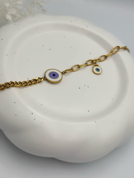 Mor Nazar Boncuğu Detaylı Çelik Gold Bileklik