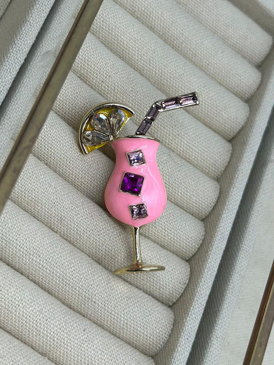 Pembe Renkli Zirkon Taş Detaylı Kokteyl Broş