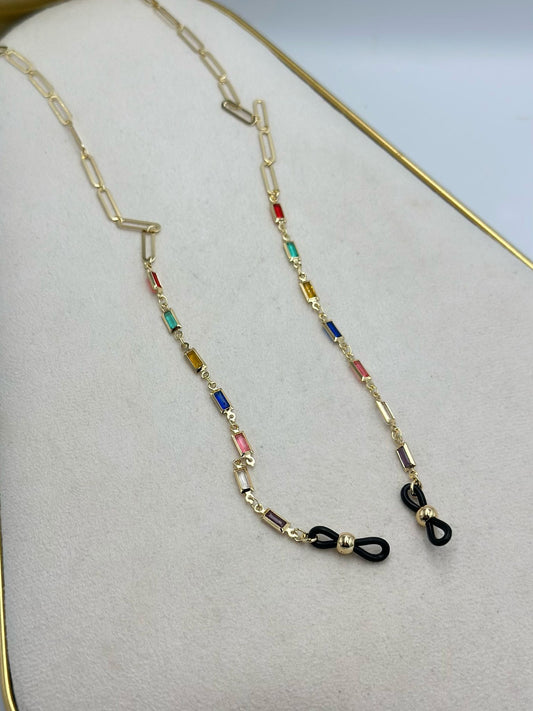Renkli Baget Taş Detay Altın Kaplama Gözlük İpi