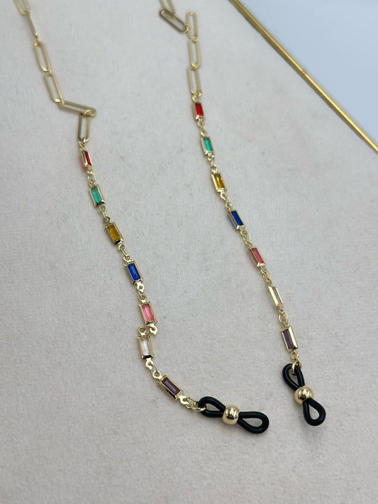 Renkli Baget Taş Detay Altın Kaplama Gözlük İpi