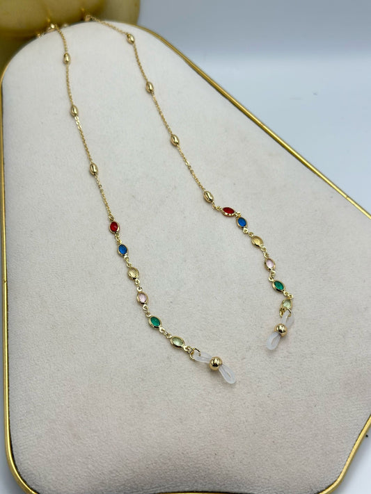 Renkli Taş Detay Altın Kaplama Gözlük İpi