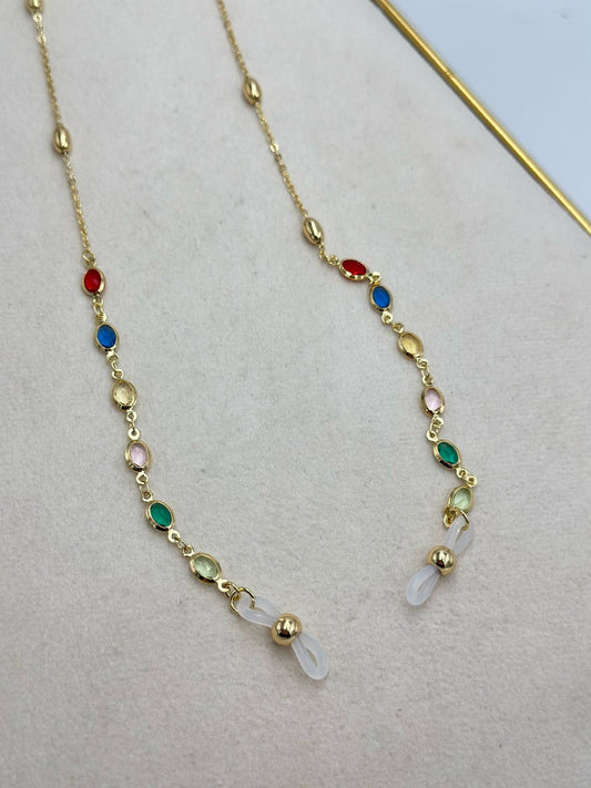 Renkli Taş Detay Altın Kaplama Gözlük İpi