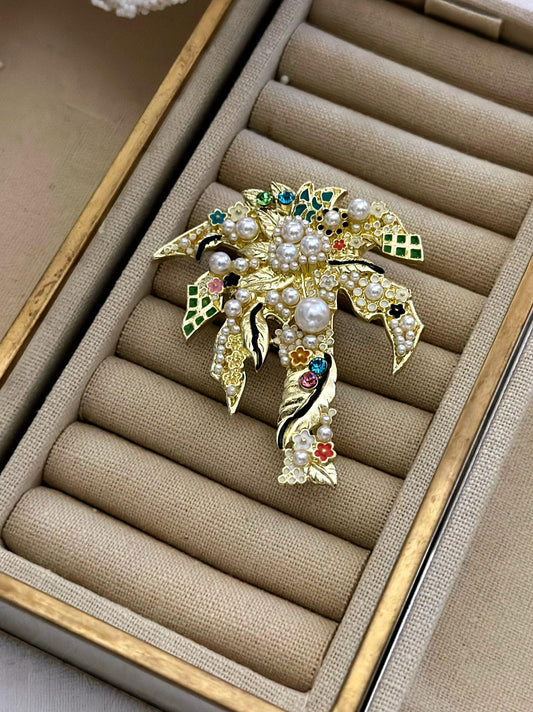 Renkli Zirkon Taş Detaylı Palmiye Ağacı Figürlü Broş