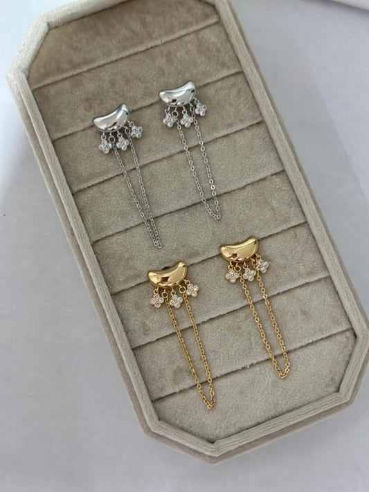 Sallantılı Zincir Detatlı Zirkon Taş Yonca Model Küpe