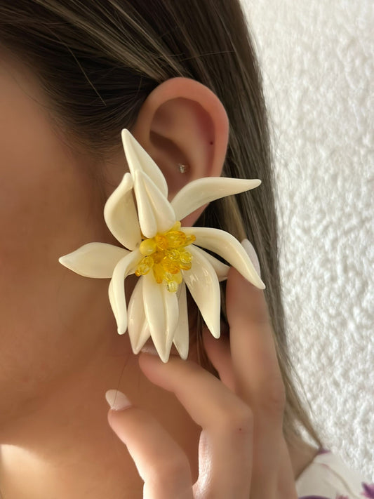Sarı Boncuk Detaylı Çiçek Küpe
