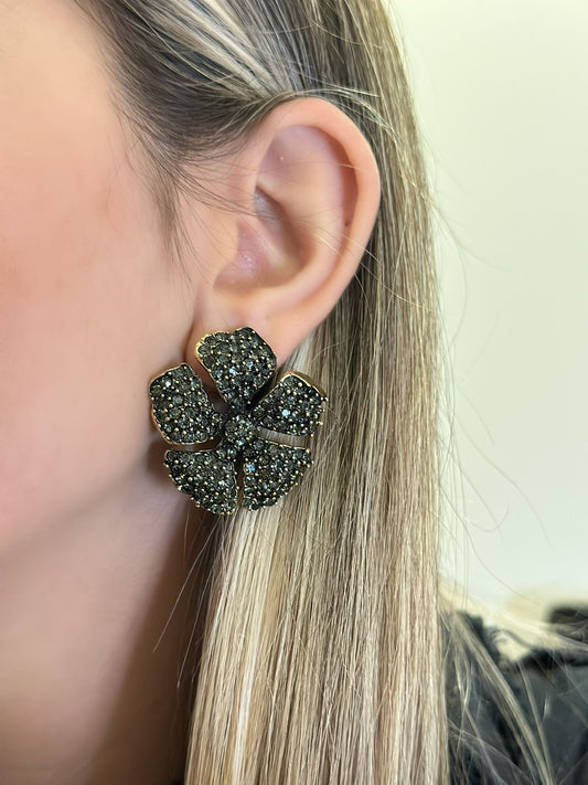 Siyah Zirkon Taş Detay Papatya Küpe (Pirinç Kaplama)