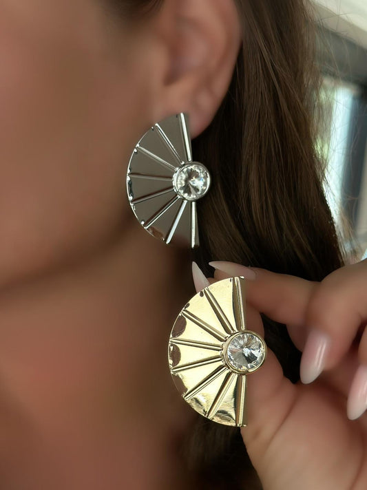 Tek Taş Detaylı Yelpaze Küpe (Pirinç Kaplama)