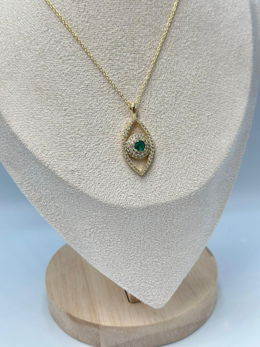 Yeşik Kristal Taş Göz Kolye (Pirinç Kaplama)(48Cm)