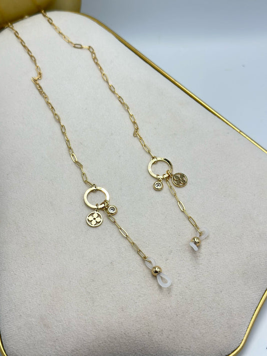 Yonca Ve Tek Taş Altın Kaplama Gözlük İpi