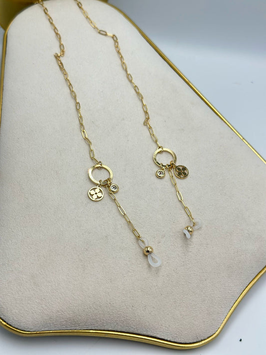 Yonca Ve Tek Taş Altın Kaplama Gözlük İpi