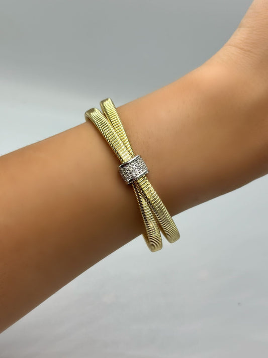 Zirkon Taş Detaylı İkili Gold Kelepçe Bileklik (Ayarlamalı Unisex)