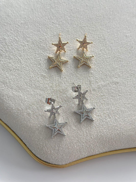 Zirkon Taş Detaylı  İkili Yıldız Küpe (Çelik)