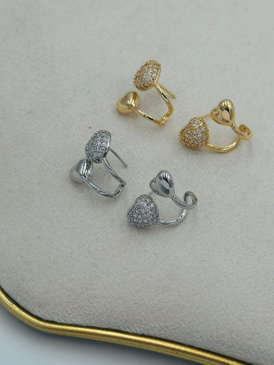 Zirkon Taş İkili Kalp Detay Küpe (Pirinç Kaplama)