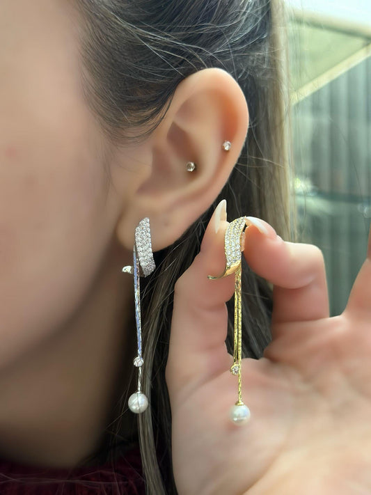 Zirkon Taş Ve İnci detay Sallantılı Çelik Küpe